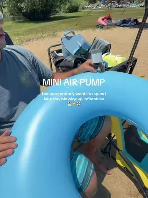 Small enough to throw in a beach bag, powerful enough to inflate all our lake toys 🏖️🛟✨ Definitely coming on every lake trip from now on. #airpump #lakeday #poolfloats #summerwins  #dealsforyoudays