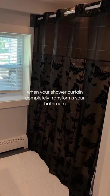 decorating my bathroom is my favorite part of moving 😍✨ in love with this shower curtain #bathroomdecor #showercurtain #darkfeminine #butterfly #homefinds 