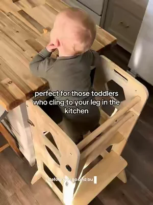 the hack for keeping toddlers included in the kitchen without them hanging off you! #dealsforyoudays #summerwins #toddlertower #toddlermusthaves #toddlertable 
