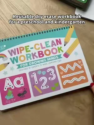 Wipe, clean, reusable dry, erase workbook for preschool and kindergarten age. Kids save money and save paper. They could wipe clean and reuse this learning workbook with their letters and their numbers and shapes. #ReusableWorkbook #PreschoolBook #KindergartenBook #KidsWorkbook 