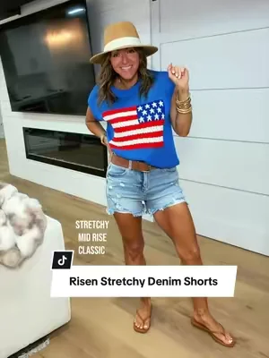 So soft and the STRETCH my friends 🤌🏼 I’m 5’2” 127 in a Small #denimshorts #shorts #summershorts #jeanshorts #modestfashion @Wild Oak Boutique 
