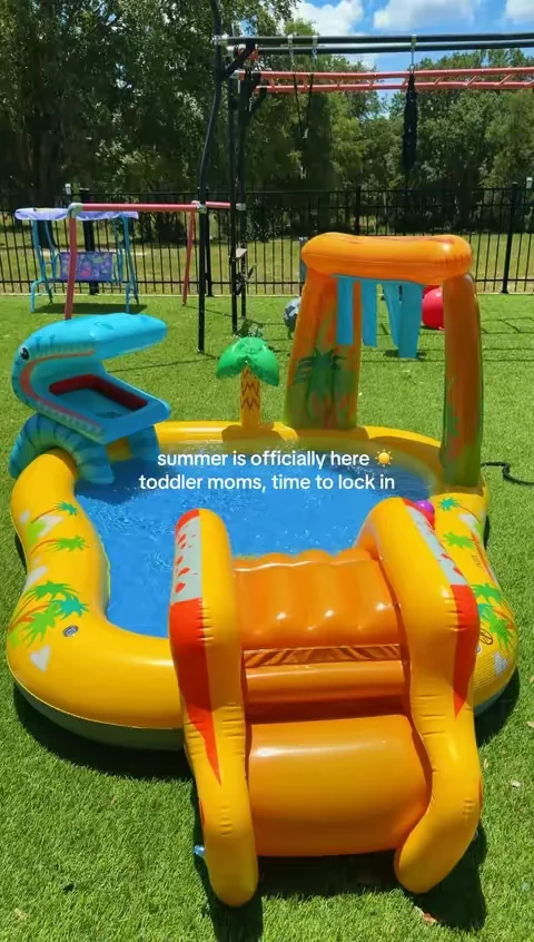 Summer is finally here, and this toddler pool is so much more fun than that basic circle kiddie pool we had as kids; water sprayers, a slide, and a cute ball game; such an easy way to keep toddlers entertained right in your backyard all summer long!  #kiddiepool #toddlerpool #toddlerfun #toddlermoms #tiktokshopcreatorpicks 