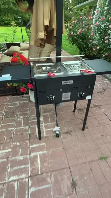 Vevor outdoor propane deep fryer with dual burners, fryer baskets, side shelves, and thermometer. Perfect for fish fries, chicken wings, french fries, seafood, and backyard cookouts. #OutdoorCooking #FishFry #DeepFryer #friedchicken #DealsForYouDays @VEVOR Home Store 