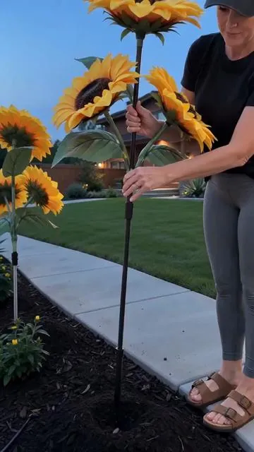 I can’t believe how amazing these solar sunflower lights made my backyard look!#tiktokshop #solarsunflowers #flowerlight #fyp #backyardgarden 