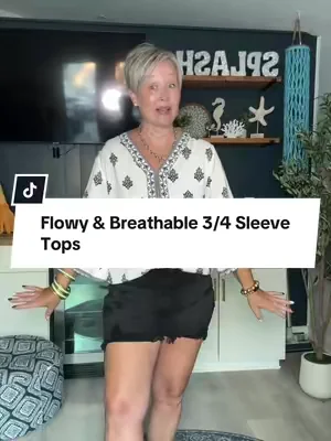 You can have arm coverage without overheating! 🥵 these 3/4 sleeve flowy v neck tops are giving boho vibes and are so lightweight and breathable!  #tiktokshopcreatorpicks #dealsforyoudays #midsizefashion #over50style #summertops 
