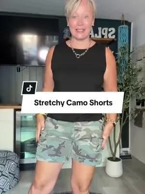 These camo cargo shorts are so comfortable! The 5” inseam and the incredible stretch makes them perfect for everyday!  #tiktokshopcreatorpicks #dealsforyoudays #midsizefashion #over50style #camoshorts 