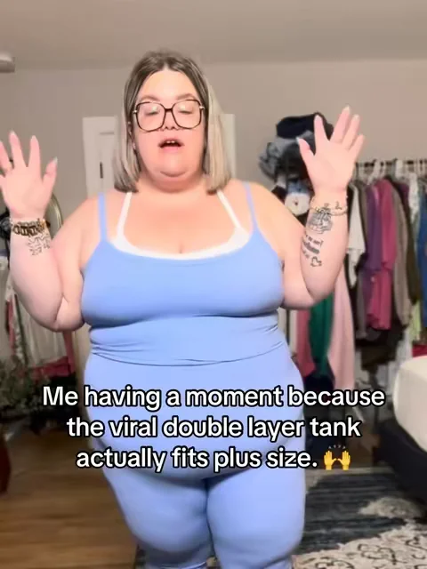 I never expected the viral double layer tank to fit me as a plus size girl. I ordered the 3X thinking it would probably be too tight but I had to try. To my surprise it actually fits and gives me full coverage in the front and the back. I now have them in multiple colors. They are the softest sports tanks I own. And the best part is there is a built in sports bra with padding! #dealsforyoudays #summerwins #plussizeclothing @Comfrt 