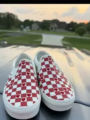 The cutest little pop of red ❤️ These heart checkerboard Vans are giving all the fun summer vibes. #VansStyle #SlipOnStyle #CuteShoeFinds #SummerStyle #TikTokShopCreatorPicks