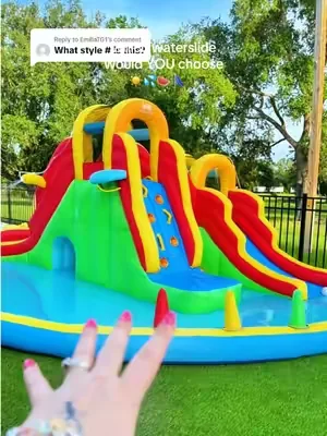 Replying to @EmiliaTG1 they have a ton of different waterslides to choose from but if you have multiple kids or you like to host parties or birthdays, I would definitely spend a little more and get a bigger one #waterslide #inflatablewaterslide #summervibes 
