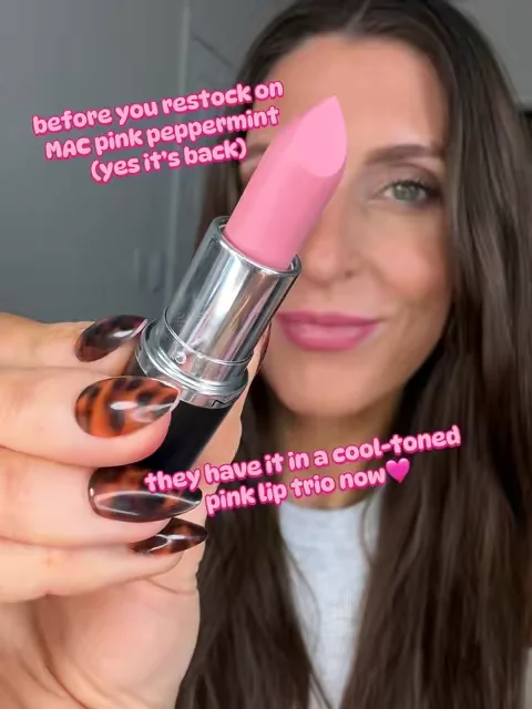 MAC pink peppermint was sold out a lot this winter but it’s back, and they put it in a trio with a lip liner and gloss #cooltonedmakeup #milkypink #pinklipstick #lipcombo 
