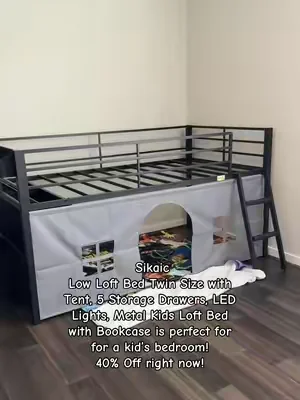 Sikaic Low Loft Bed Twin Size with Tent, 5 Storage Drawers, LED Lights, Metal Kids Loft Bed with Bookcase & Under-Bed Play Space.  Perfect for child’s room!  Click link to order!