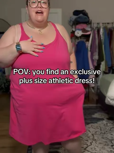 This athletic dress comes up to size 5X. It has built-in pockets and is so stretchy. There's built-in shorts underneath so you don't need to worry about shaving. It exclusively comes in plus sizes and it fits your body so well. It hides your apron belly, and is the perfect summer uniform! #dealsforyoudays #summerwins #plussizeclothing #plussize #plussizeootd 