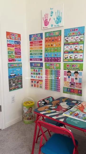 perfect for our toddlers corner in his room 🥹📚📝🍎 20pck of posters for super cheap!! #educationalposters #homeschool #toddlersoftiktok #toddlerlearning #toddlermom @Decorably US 