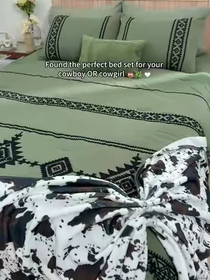 this olive green bedding is actually insane 😍soft, cozy, 7 pieces + pockets on both sides 🌿📱western bedroom vibes I didn’t know I needed!!!💬 should I get the brown too?  #MaiRêve #westernstyle #olivegreen #beddingset #cozyhome 