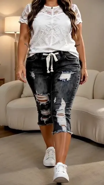Women’s  drawstring waist ripped distressed capri jeans, frayed raw hem denim bermuda shorts #streetwear #cargojeans #jeans ##trendyshorts #dealsforyoudays 