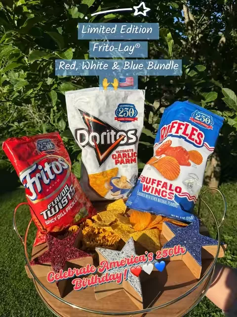 #ad Limited Edition Frito-Lay® Red, White & Blue Flavor Bundle for America’s 250th Birthday!                              🤍Doritos® Ultimate Garlic Parm ❤️ Fritos® Flavor Twists® Spicy Dill Pickle 💙Ruffles® Buffalo Wing@Frito-Lay Shop #snacks #chips #limitededition 