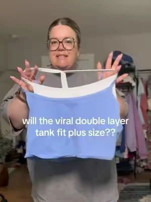 This double layer tank comes up to size 3X! Here is how it fits me as a plus size girl. It has complete back coverage and I love that it's adjustable for how much of the white bra you want to show. There is a built-in sports bra with pads as well! #dealsforyoudays #summerwins #plussizeclothing #sportsbra @Comfrt 