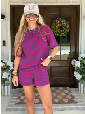 This striped matching set is such a good look for less find! So comfy and the best quality! #dealsforyoudays #tiktokshopcreatorpicks #matchingset #casualset #stripedset 