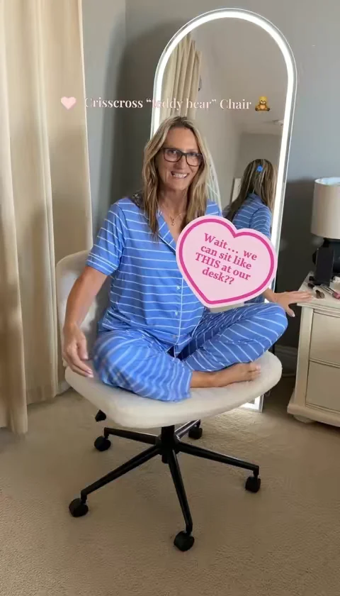 If your office chair isn’t this comfortable… What are you even doing?? 😅  I upgraded to this oversized crisscross chair and I’m not exaggerating when I say it’s my favorite upgrade this year. The teddy bear fabric is SO soft and plush, and the extra wide seat means I can actually sit Crisscross, lean back, or fully lounge while I work. It’s swivels, rocks, reclines, AND adjust in height, so it actually works with your desk set up… But feels like a cozy little cloud ☁️  Perfect if you’re a “sit in 10 different positions in 10 minutes” kind of person like me 🙋‍♀️ once you try this… Your old office chair is officially canceled 🚫 #crisscrosschair  #officechair  #homefinds  #summerwins  #dealsforyoudays  