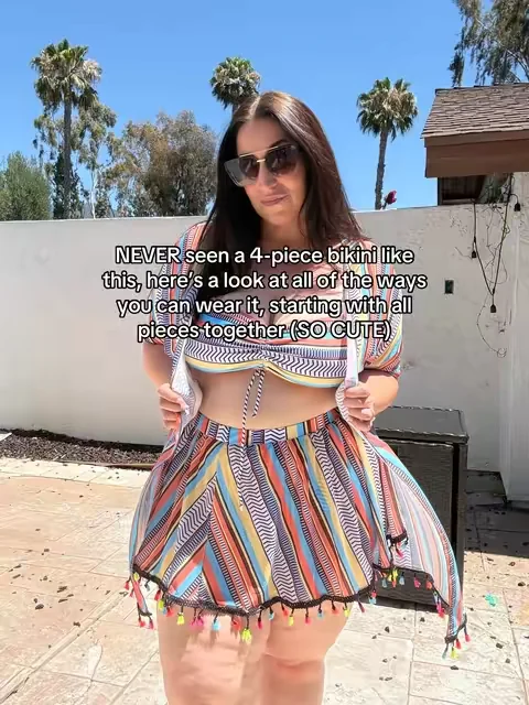 How cute is this 4-piece bikini?! I can’t wait to wear this on our resort vacation!! A cute regular bikini that comes with a sheer skirt and shawl so you can mix and match all the ways to wear it… There’s also the option at this link to get a 3-piece bikini with boy shorts style bottoms instead of the bikini bottoms and skirt. It fits true to size, I’m at 18 wearing the 18W! #summervibes #eomenie #bikini #plussizefashion #plussizeswimsuit 