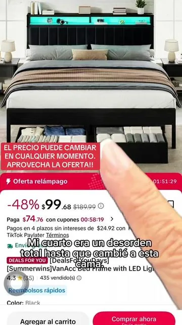 ¡Dale un cambio total a tu habitación con esta cama moderna! Con cajones súper amplios, cabecera con almacenamiento y luces LED RGBW integradas. Lo mejor de todo es que no necesitas somier. ¡Consigue la tuya en el enlace de abajo! #tiktokshop #bedframe #tiktokshopcreatorpicks #blackfriday #dealsforyoudays 