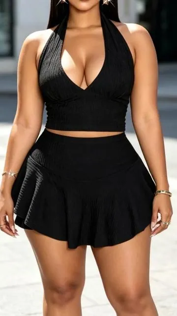 omen's Summer Fashion Solid Color V-Neck Halter Top and Short Skirt Set, 2-Piece #tiktokshop #set #twopieceset #ootd #fyp 