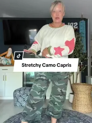 These camo pants are the perfect wide leg cropped or capri length! So on trend and so incredibly comfortable!  #tiktokshopcreatorpicks #dealsforyoudays #midsizefashion #over50style #camopants 