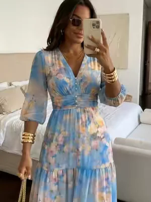 V-Neck Shirred Waist Beach Long Dress#fyp #OOTD #summerwins #casualoutfits #dressshopping 