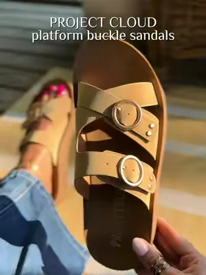 These sandals look way more expensive than they are ✨ The circular buckle detail instantly caught my eye because everyone is doing the oversized square buckles, but these feel fresh, elevated, and a little more polished. With two adjustable straps for a customizable fit, they’re the kind of neutral platform sandal you’ll reach for on repeat. So cute with jeans, dresses, skirts, and everything in between. 🤎 #ProjectCloud #PlatformSandals #SummerStyle #NeutralShoes #TikTokShopFinds   