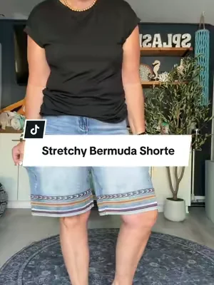 Denim shorts that actually cover your thighs! These embroidered Bermuda shorts are so stretchy and comfortable!  #tiktokshopcreatorpicks #dealsforyoudays #midsizefashion #over50style #bermudashorts 