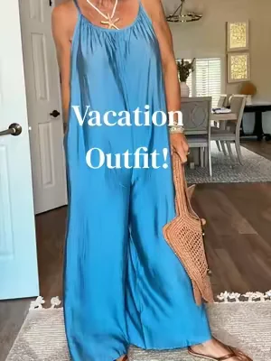 Backless jumpsuit for women over 40! Lightweight, floaty, comfortable, and perfect for vacation, vacations, summer dinners, cruises, or everyday wear. Im 5’5, 138lbs 36C wearing a small. #vacationoutfits #over50fashion #dealsforyoudays #SummerFashion #elevatedjumpsuits 