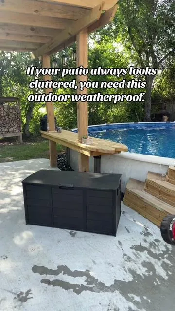 A weatherproof outdoor storage container is a must for keeping the patio looking nice. #outdoorstorage #storagecontainers #weatherproofstorage  