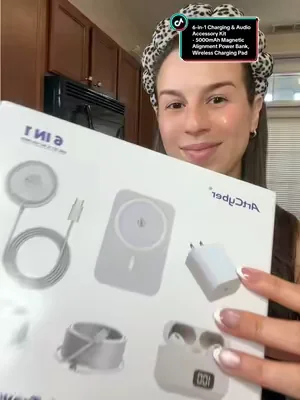 Envío gratis!!✅✨un kit súper completo!! Kit de accesorios de carga y audio 6 en 1 Banco de energía de alineación magnética de 5000 mAh, plataforma de carga inalámbrica, auriculares Bluetooth, cables USB-C y USB-C a Lightning, adaptador, pegatina de anillo - Para iPhone y Android #powerbank #wirelessearbuds #earbuds #accesorios #fastcharger 
