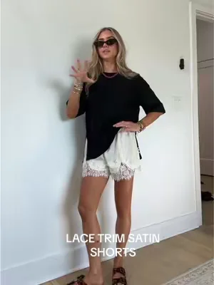I like to sandwich a color together so I did the creamy white satin trim shorts on the bottom sandwiches with the black oversized tee and the darker shoe 😊 5’4/xs  #satinshorts #lacetrimshorts #summershorts #dealsforyoudays #summeroutfitinspo 
