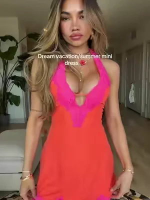 Neon orange and hot pink colorblock lace mini dress. Insane #summerwins #dealsforyoudays #summeroutfits #goingoutdress #minidress 