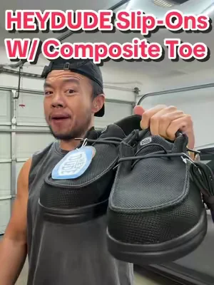 These Slip-On Shoes from @HeyDude have a composite toe! So now you can be safe and comfy! #sliponshoes #mensshoes #heydudeshoes #steeltoeshoes #giftsforhim 