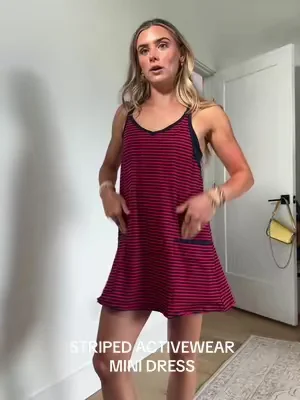 this is giving forth of July outfit inspo this is the cutest workout mini dress that has the full built-in romper lining so you don’t have to worry about wearing shorts with this one  5’4/xs  #stripeddress #activedress #workoutdress #dealsforyoudays #summerdresshaul @Uaneo 