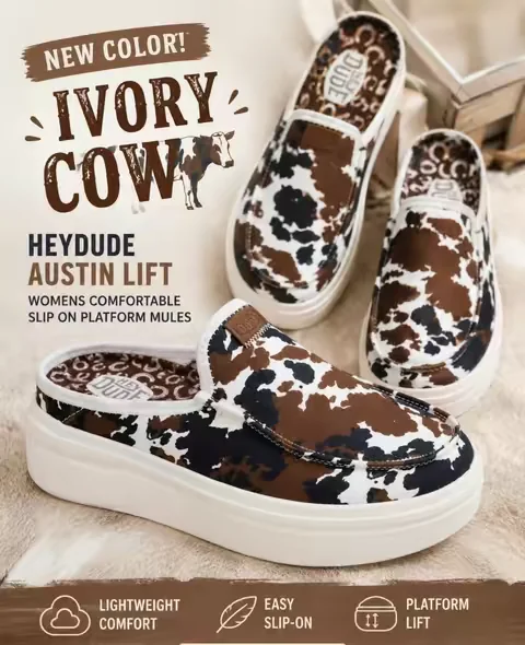 Ivory Cow is released on the HEYDUDE Austin Lift - Womens Comfortable Slip on Platform Mules #TiktokShopCreatorPicks 