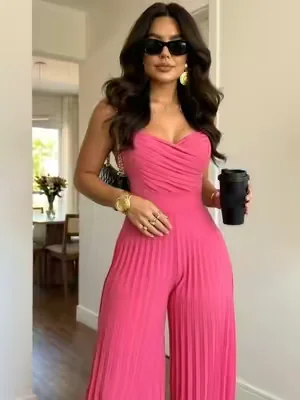 Pleated Design V Neck Adjustable Spaghetti Straps Cinched Waist Overalls Casual Pleated Flared Jumpsuit#fyp #OOTD #summerwins #casualoutfits #jumpsuit 