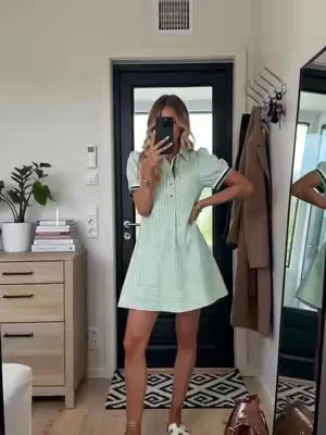 Versatile striped puff sleeve mini dress perfect for office & casual after-work plans.#PuffSleeveDress #WorkwearDress #OfficeOutfit #StripedMiniDress #dealsforyoudays 