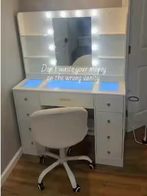 This vanity completely upgrading my space with all your built-in lights and all the storage I could ask for #summerwins #vanity #homefinds #roommakeover #affordable 