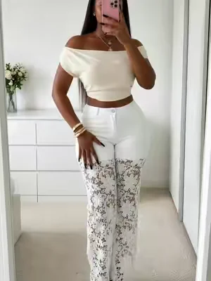 Guipure Lace Spliced High Waist Zipper Fly Wide Leg Washed Jeans Pants Bottom#casualoutfits #OOTD #SummerOutfits #summerjeans #jeans 