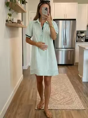 Wenrine Womens Summer Striped Mini Dresses Puff Short Sleeve Loose Fit Casual Button Collared Shirt Dress with Pockets#Outdoorfun #womensfashion #tiktokshop #summervibes #fyp 