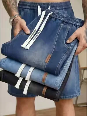 Straight Leg Elastic Waist Denim Shorts#pants #mensfashion #jeansformen #jeansoutfit #jeanshorts #denimpants 