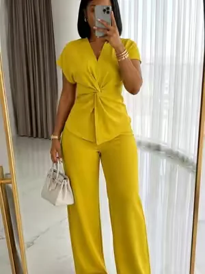 Women's 2 Pieces Outfit V-Neck Short Sleeve Twist Front Zipper Back Top & Elastic Waist Straight Leg Pants Set - Business Casual Commuter Set#casualoutfits #OOTD #SummerOutfits #summerwins #2piecesetoutfit 