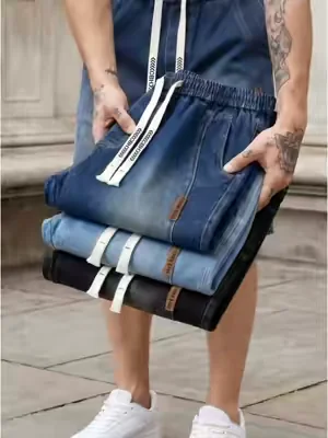 Baggy Straight Leg Denim Shorts for Guys, Elastic Waist, Retro Summer Streetwear#pants #mensfashion #jeansformen #jeansoutfit #jeanshorts #denimpants 