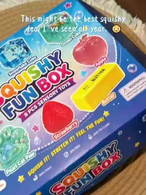 This box of squishies would make a great gift.  Comes with 3 sugar squish toys - two sugar cubes, and one apple.  Also the butter squishy, strawberry, and squeeze cheese.  And the tabba squishy.  All come individually wrapped.  #squishy #squishytoy #squishies #sugarsquishy #buttersquishy 