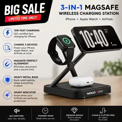 Power all your Apple devices with the NOCO XGRID 3-in-1 MagSafe Wireless Charging Station. Charge your iPhone, Apple Watch, and AirPods at the same time with Qi2-certified 15W fast charging, perfect MagSafe alignment, a premium metal base, and a clean, clutter-free design for your desk or nightstand #nocosuperbrandday #tiktokshopcreatorpicks #wirelesscharger #magsafe #appleaccessories @noco 