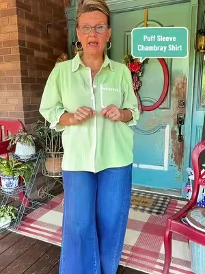 SageVell 100% Cotton 3/4 Puff Sleeve Chambray Shirt - Blue Collared Blouse with White Trim, Cottagecore Essential Top for Women #DealsForYouDays #summervibes #SummerWins #womensfashiontrends #boutiqueclothing @Sage Vell