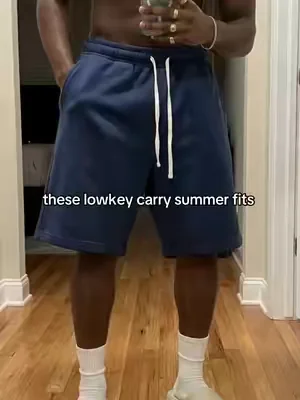 blue drawstring sweat shorts with a plain tee and slides really don’t miss #baggyshorts #sweatshorts #blueshorts #fyp #viral 